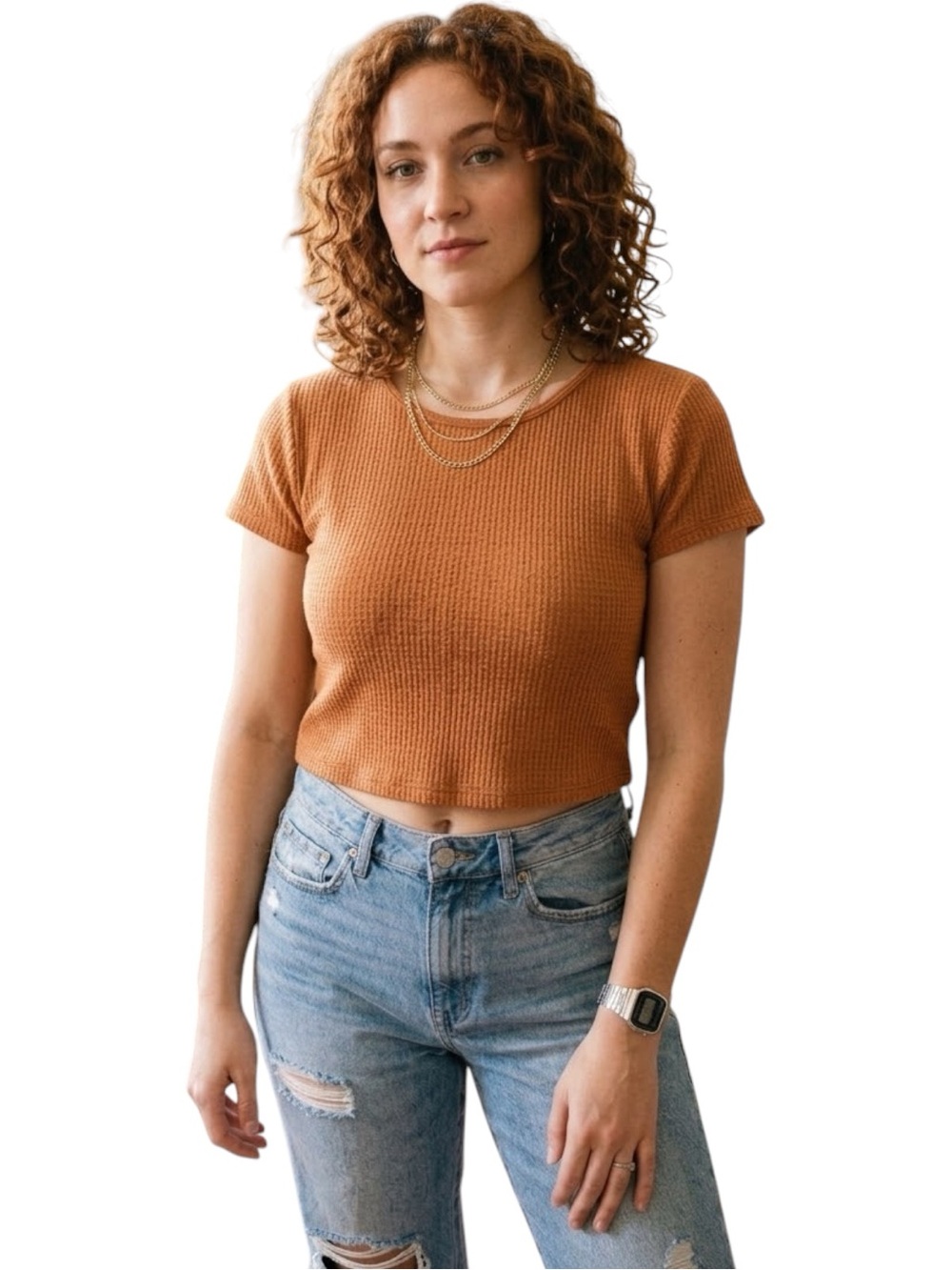 American Eagle Waffle Knit Crop Top Burnt Orange XL